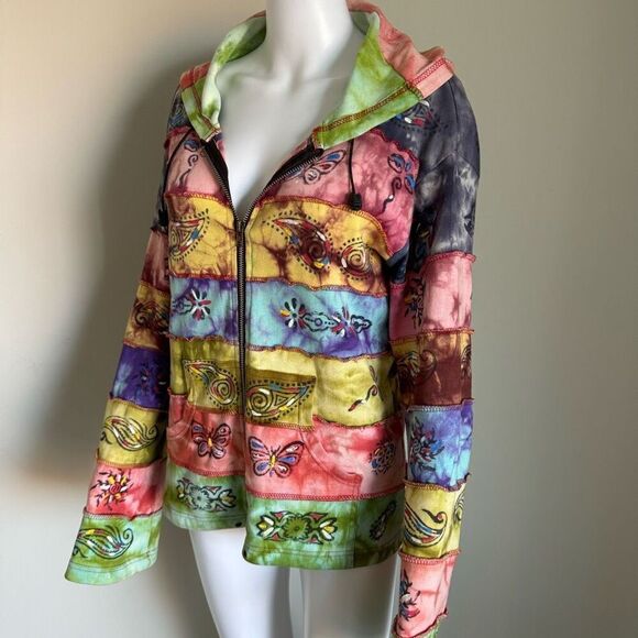 Rainbow Patchwork Boho Hippie Tie Dyed Full Zip Hoodie Women’s Size M/L - Picture 4 of 7